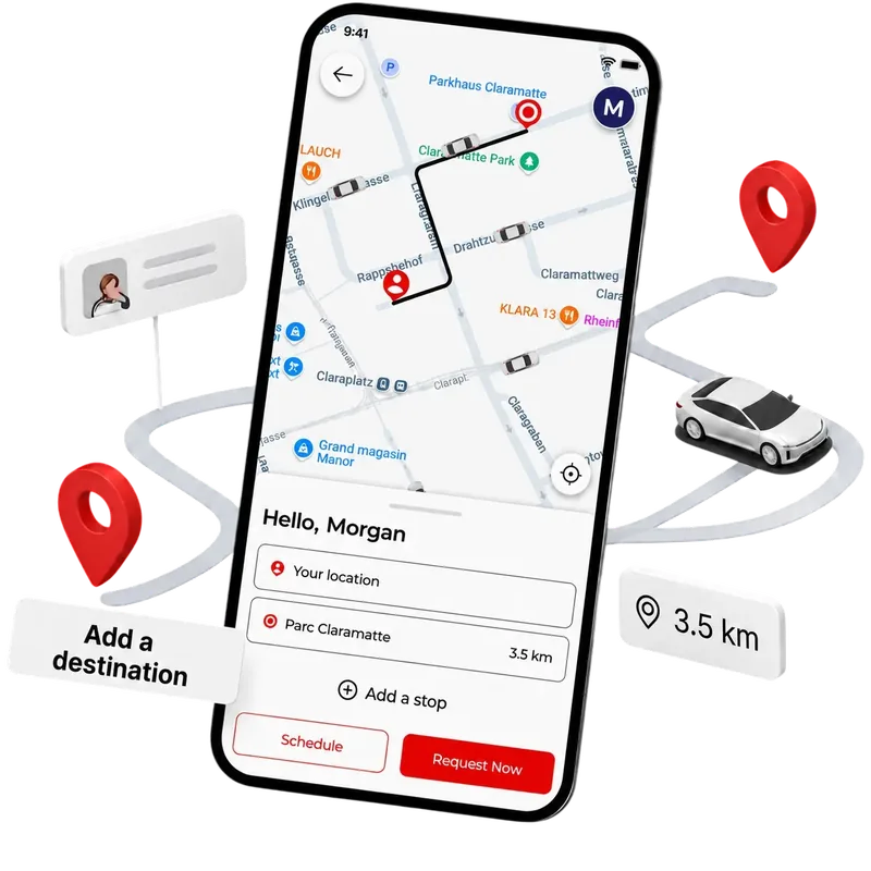 Suich app on a smartphone: booking a ride with a driver in Geneva